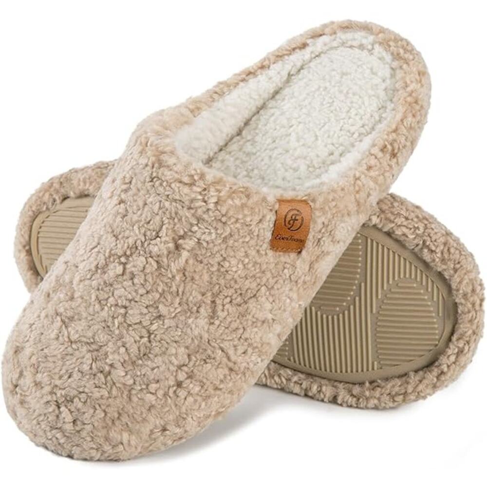 New EverFoams Womens Size 9/10 Tan Fuzzy Slip-on Soft Comfy Memory Foam Slippers